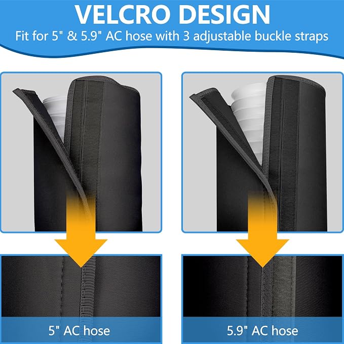 Portable AC Hose Insulation Sleeve - Insulated Wrap for 5"-5.9" Exhaust Hoses | 3 Adjustable Buckle Straps for Easy Install |
