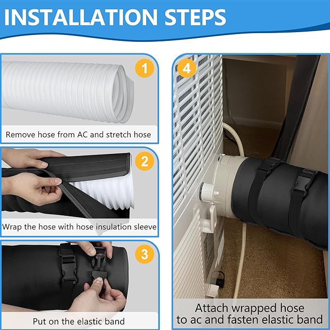 Portable AC Hose Insulation Sleeve - Insulated Wrap for 5"-5.9" Exhaust Hoses | 3 Adjustable Buckle Straps for Easy Install |