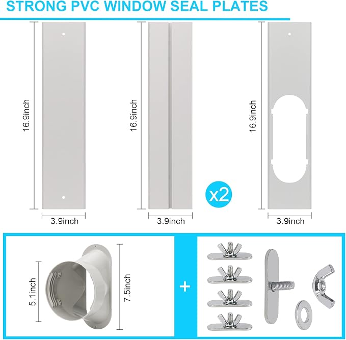 Portable AC Window Vent Kit, Universal 5.1" Portable Air Conditioner Window Kit with Adapter Fits for 16.9”-62” Sliding