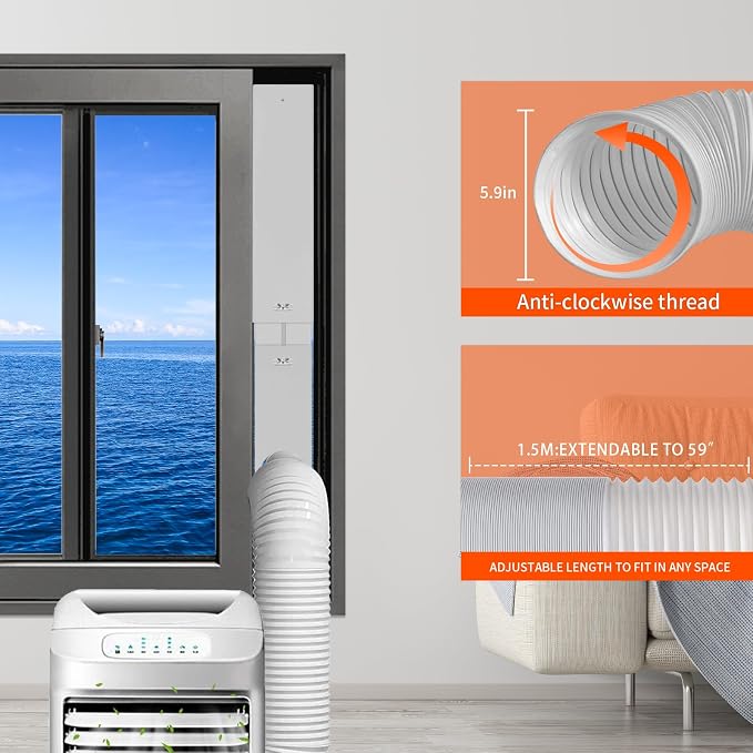 Portable AC Window Vent Kit with 59" Hose, 5.9" AC Window Seal, Adjustable for Vertical/Horizontal Sliding Windows, alternate