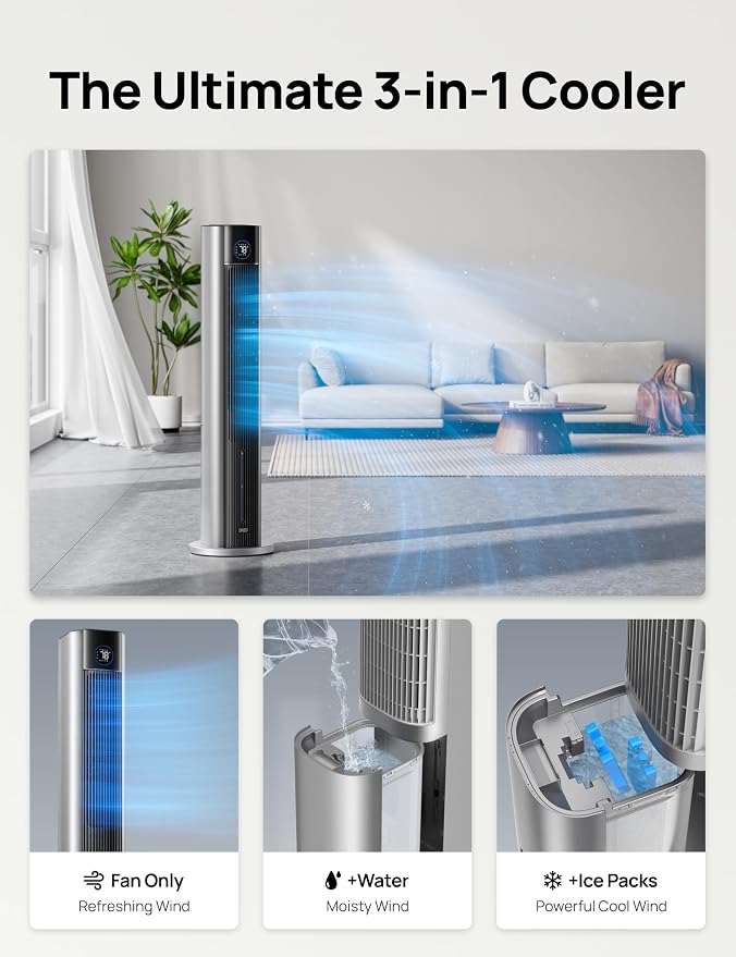 Portable Air Conditiioner, 43" Cooling Fans That Blow Cold Air 2025 Upgraded, Evaporative Air Cooler, Quiet 85° Oscillating