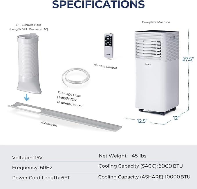 Portable Air Conditioner, 10000 BTU AC Cooling for Room Spaces up to 350sq.ft, with Remote Control, alternate product view 6