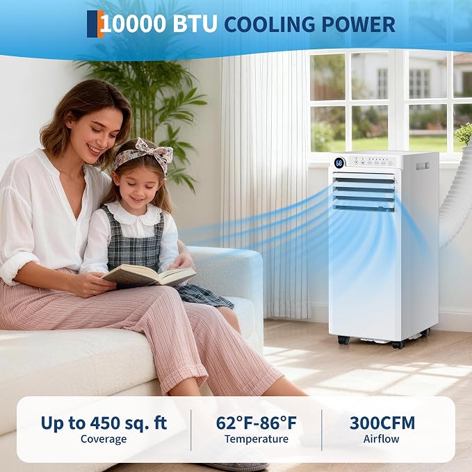 Portable Air Conditioner, 10000 BTU Small Portable AC Unit for Rooms to 450 Sq. Ft. with Cooling, Dehumidifier & Fan Mode