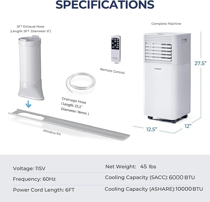 Portable Air Conditioner, 10000BTU AC Cooling for Room Spaces up to 350sq.ft, with Remote Control, alternate product view 6