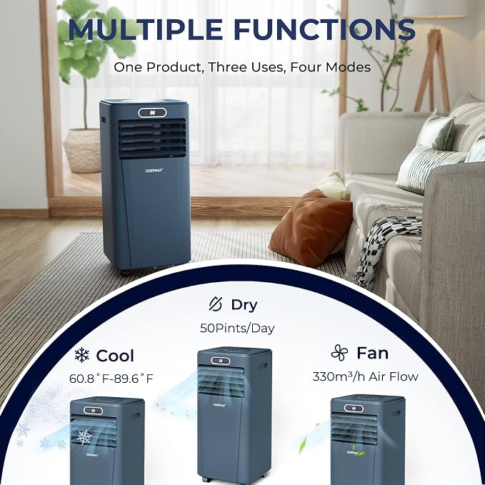 Portable Air Conditioner, 10000BTU Air Cooler with Drying/Fan/Sleep Mode, 2 Speeds, 24H Timer, for Home & Office, Cools Room