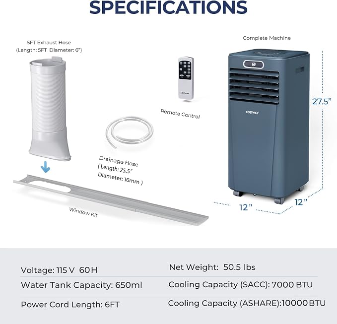 Portable Air Conditioner, 10000BTU Air Cooler with Drying/Fan/Sleep Mode, 2 Speeds, 24H Timer, for Home & Office, Cools Room
