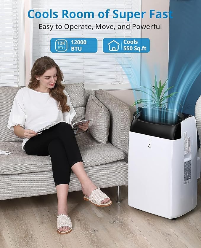Portable Air Conditioner 12,000 BTU, for Room Up to 550 Sq. Ft., 3-In-1 AC Unit With LED Display, Dehumidifier & Fan