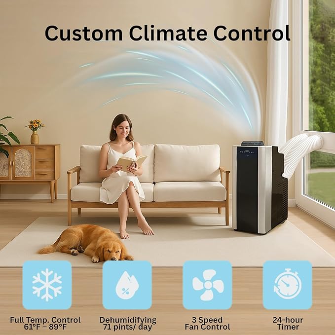Portable Air Conditioner 14,000 BTU with Dual Hose Dehumidifier & Cooling Fan for 500 Sq Ft Rooms, Includes AC Unit Window