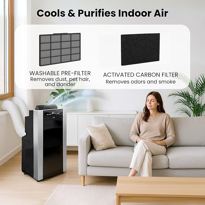 Portable Air Conditioner 14,000 BTU with Dual Hose Dehumidifier & Cooling Fan for 500 Sq Ft Rooms, Includes AC Unit Window
