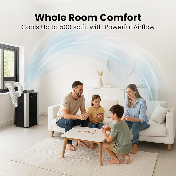 Portable Air Conditioner 14,000 BTU with Dual Hose Dehumidifier & Cooling Fan for 500 Sq Ft Rooms, Includes AC Unit Window
