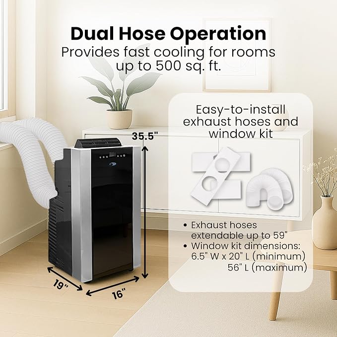 Portable Air Conditioner 14,000 BTU with Dual Hose Dehumidifier & Cooling Fan for 500 Sq Ft Rooms, Includes AC Unit Window