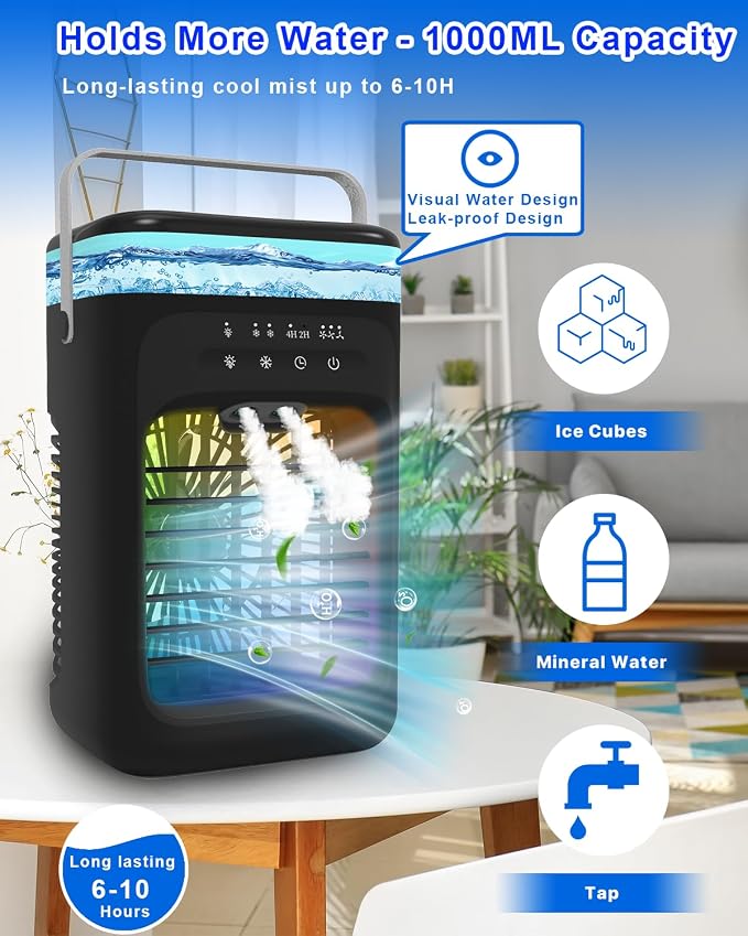 Portable Air Conditioner, 2026 Upgrade Evaporative Mini Portable AC Unit with 3 Adjustable Speed 2-4H Timer & 7-Color LED