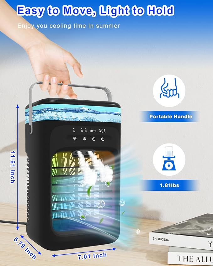 Portable Air Conditioner, 2026 Upgrade Evaporative Mini Portable AC Unit with 3 Adjustable Speed 2-4H Timer & 7-Color LED
