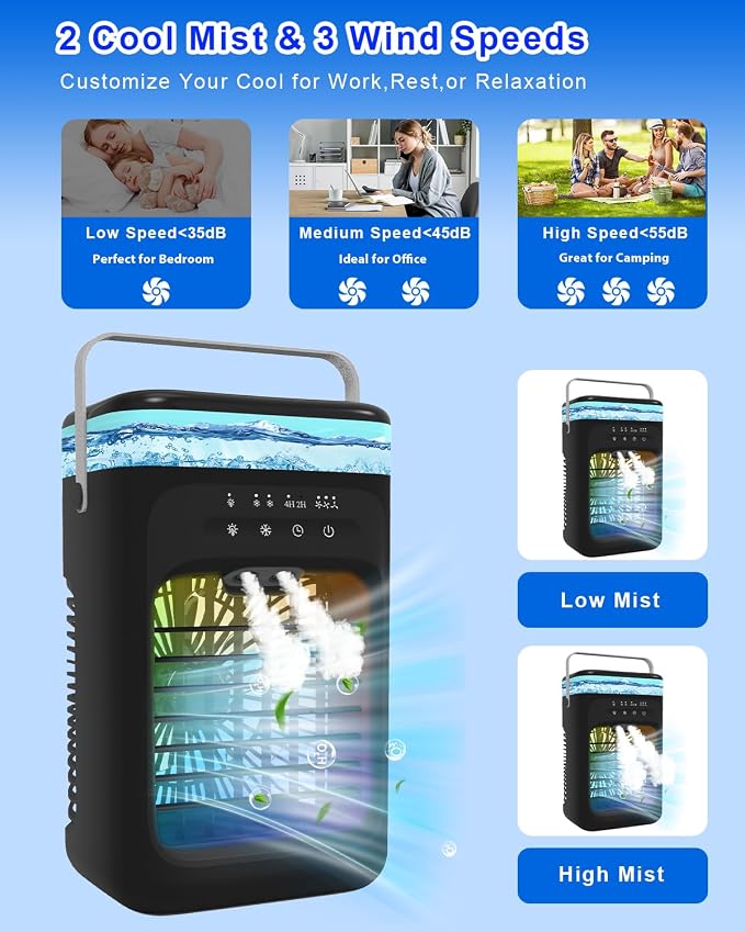 Portable Air Conditioner, 2026 Upgrade Evaporative Mini Portable AC Unit with 3 Adjustable Speed 2-4H Timer & 7-Color LED