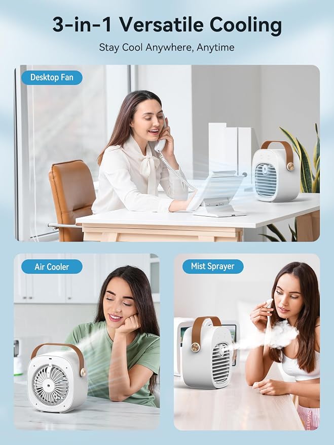 Portable Air Conditioner -5200mAh Rechargeable Mini Air Conditioner with 3 Speed Settings, 5-10 Hours Runtime,Quiet Desk