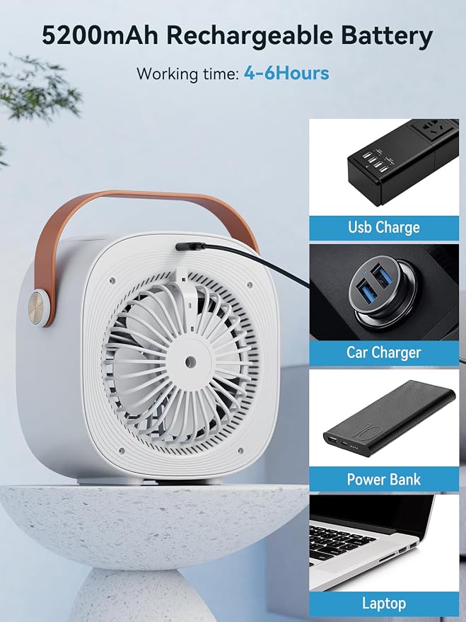Portable Air Conditioner -5200mAh Rechargeable Mini Air Conditioner with 3 Speed Settings, 5-10 Hours Runtime,Quiet Desk