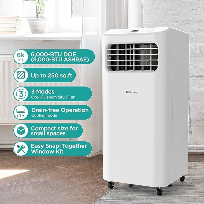 Portable Air Conditioner 6,000 BTU Cooling Dehumidifier Fan for Smaller Room up to 250 sq ft, Remote Control, White