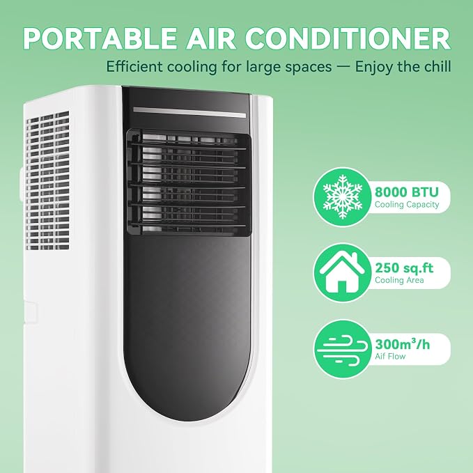Portable Air Conditioner 8,000 BTU ASHARE(5,000 BTU SACC), Portable AC Cool Rooms up to 250 Sq.Ft, 3-in-1 AC Unit with Remote
