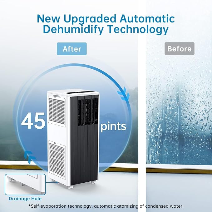 Portable Air Conditioner, 8,000 BTU Cools up to 350 Sq. Ft., LED Touch Panel, with Remote Contro, Built-in Dehumidifier, Fan