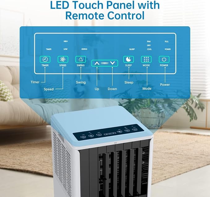 Portable Air Conditioner, 8,000 BTU Cools up to 350 Sq. Ft., LED Touch Panel, with Remote Contro, Built-in Dehumidifier, Fan