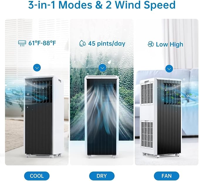 Portable Air Conditioner, 8,000 BTU Cools up to 350 Sq. Ft., LED Touch Panel, with Remote Contro, Built-in Dehumidifier, Fan