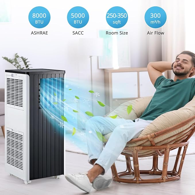 Portable Air Conditioner 8000 BTU, 4-in-1 AC Unit with Dehumidifier Fan & Sleep Mode, Quiet AC for Rooms up to 350 Sq.Ft