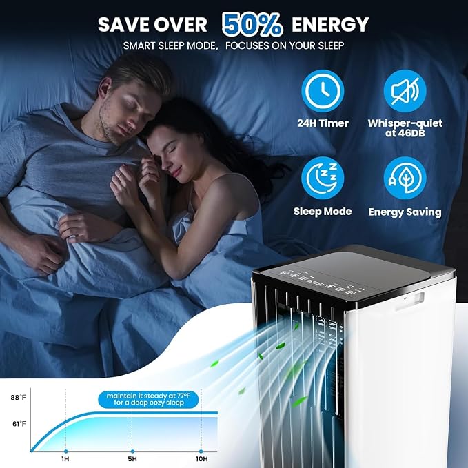 Portable Air Conditioner 8000 BTU, 4-in-1 AC Unit with Dehumidifier Fan & Sleep Mode, Quiet AC for Rooms up to 350 Sq.Ft
