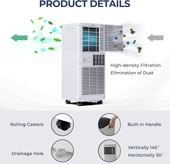 Portable Air Conditioner, 8000 BTU AC Unit Spaces up to 230sq.ft, with Remote Control, 24H Timer & Window Venting Kit
