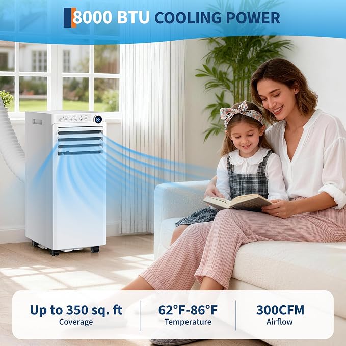 Portable Air Conditioner, 8000 BTU Small Portable AC Unit for Rooms to 350 Sq. Ft. with Cooling, Dehumidifier & Fan Modes
