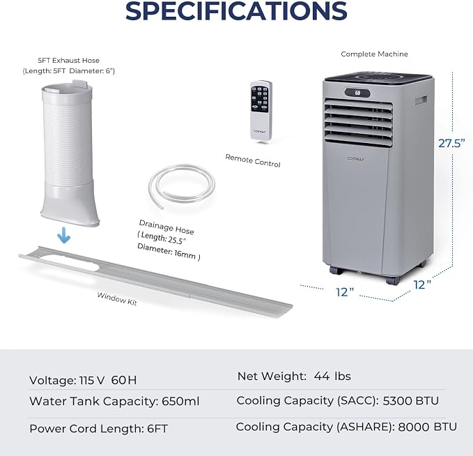 Portable Air Conditioner, 8000BTU AC Unit with Drying, Fan, Sleep Mode, 24H Timer, Remote Control, Cools Room up to 230 Sq.