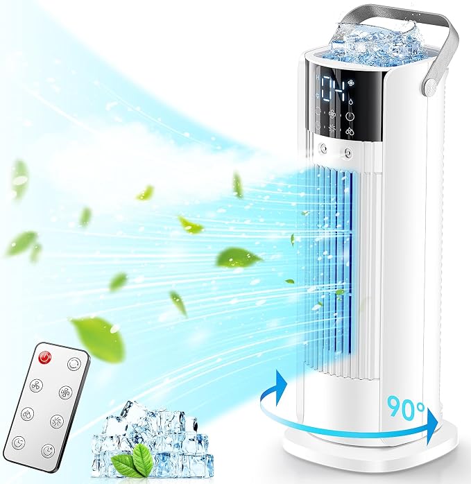 Portable Air Conditioner - 90° Oscillating Tower Fan with Remote, 16" Evaporative Air Cooler with 4 Wind Speeds/Digital Touch