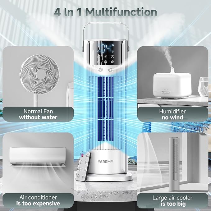 Portable Air Conditioner - 90° Oscillating Tower Fan with Remote, 16" Evaporative Air Cooler with 4 Wind Speeds/Digital Touch