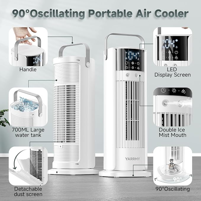 Portable Air Conditioner - 90° Oscillating Tower Fan with Remote, 16" Evaporative Air Cooler with 4 Wind Speeds/Digital Touch