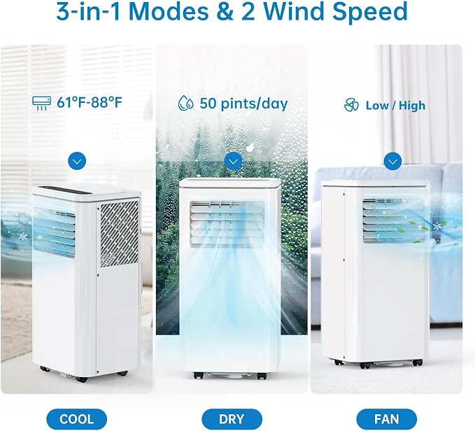 Portable Air Conditioner, Air Conditioners 10,000 BTU 3-IN-1 Quiet AC Unit with Dehumidifier, Fan, Auto Modes, Standing AC