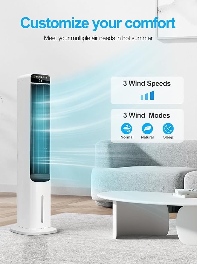 Portable Air Conditioner Cooler Fan, 42“ Evaporative Air Cooler with 4 Modes, 3 Speeds, 12H Timer, 120° Oscillation, Remote