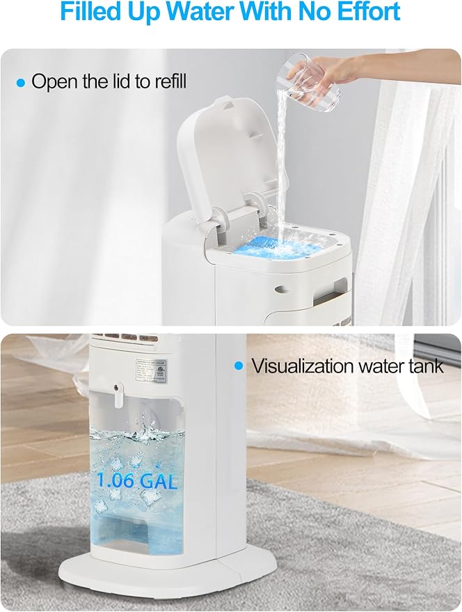 Portable Air Conditioner Cooler Fan, 42“ Evaporative Air Cooler with 4 Modes, 3 Speeds, 12H Timer, 120° Oscillation, Remote