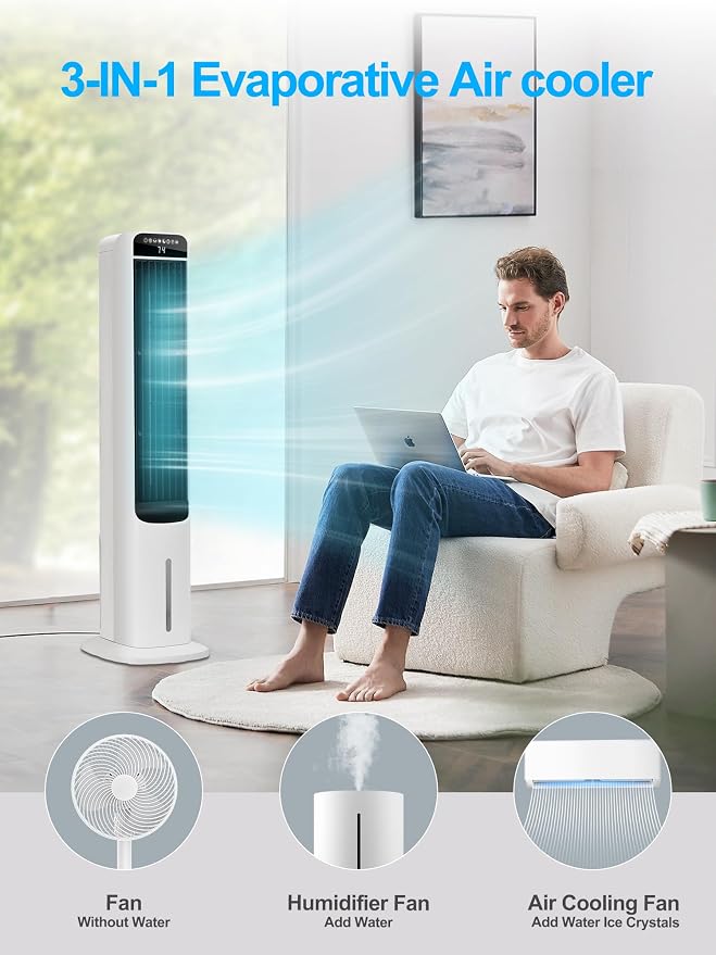 Portable Air Conditioner Cooler Fan, 42“ Evaporative Air Cooler with 4 Modes, 3 Speeds, 12H Timer, 120° Oscillation, Remote