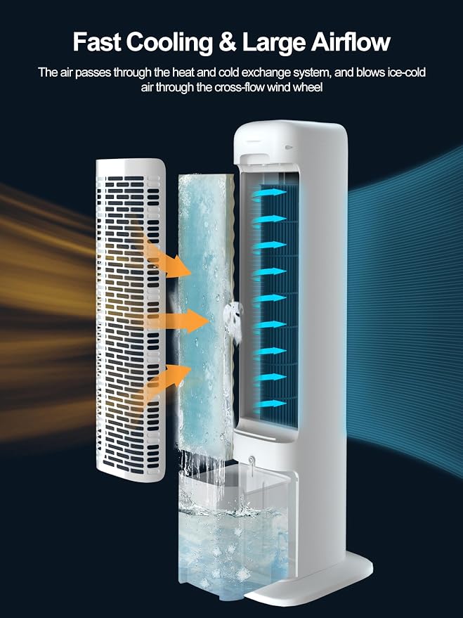 Portable Air Conditioner Cooler Fan, 42“ Evaporative Air Cooler with 4 Modes, 3 Speeds, 12H Timer, 120° Oscillation, Remote