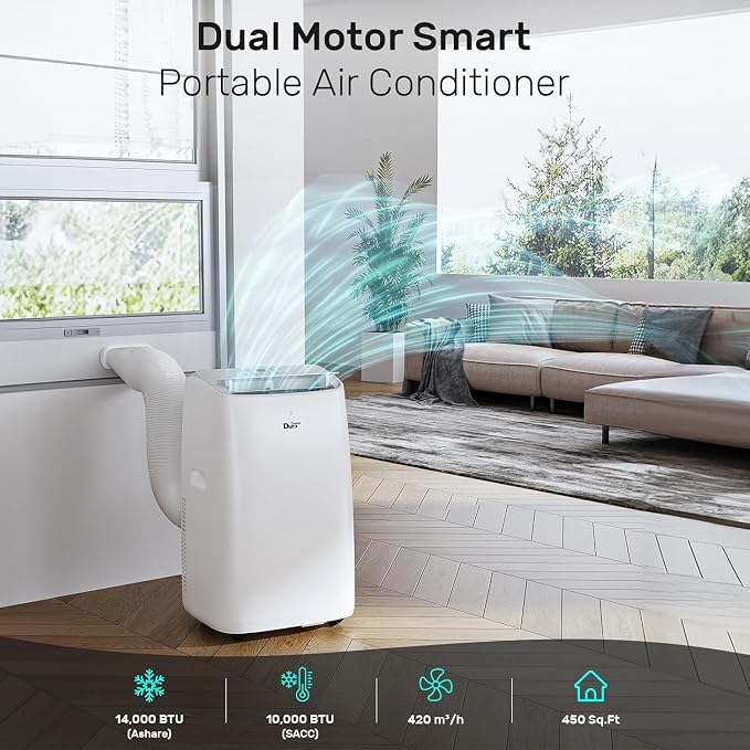 Portable Air Conditioner, Dual Motors AC (14,000 BTU ASHRAE) 10000 BTU SACC Cools Up to 450 Sq.Ft, with Window Kit for Easy