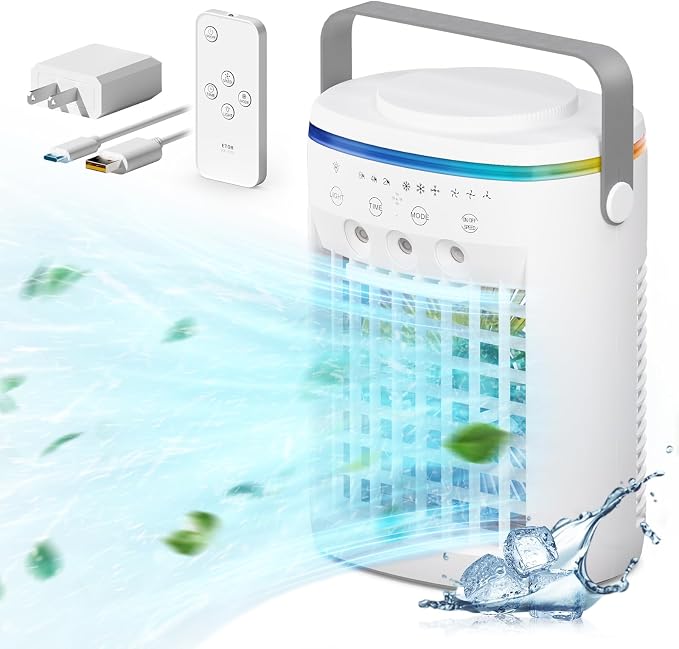 Portable Air Conditioner, Evaporative Air Cooler, 2-4-8H Timer Auto-Off &Remote, Water Tank, Three ultrasonic nozzles