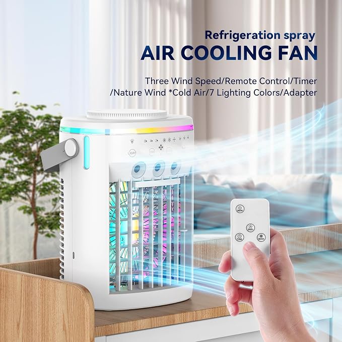 Portable Air Conditioner, Evaporative Air Cooler, 2-4-8H Timer Auto-Off &Remote, Water Tank, Three ultrasonic nozzles