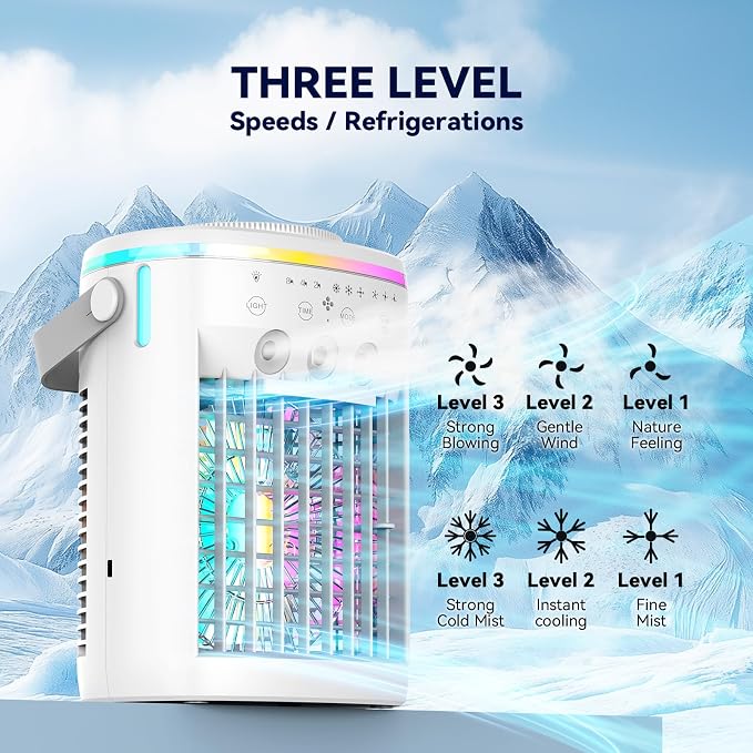 Portable Air Conditioner, Evaporative Air Cooler, 2-4-8H Timer Auto-Off &Remote, Water Tank, Three ultrasonic nozzles