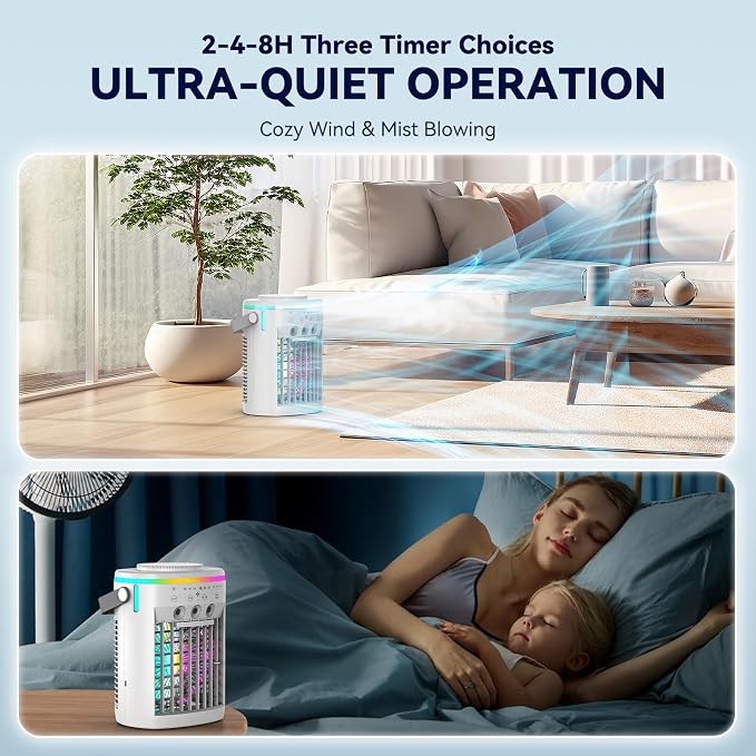 Portable Air Conditioner, Evaporative Air Cooler, 2-4-8H Timer Auto-Off &Remote, Water Tank, Three ultrasonic nozzles