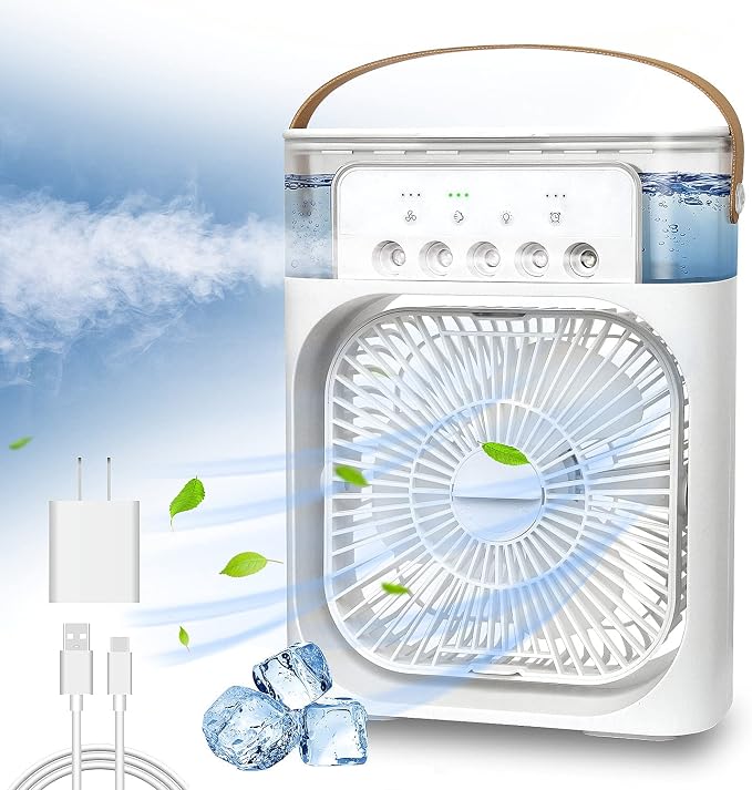 Portable Air Conditioner Fan, Mini Evaporative Air Cooler with 7 Colors LED Light, 1/2/3 H Timer, 3 Wind Speeds and 3 Spray