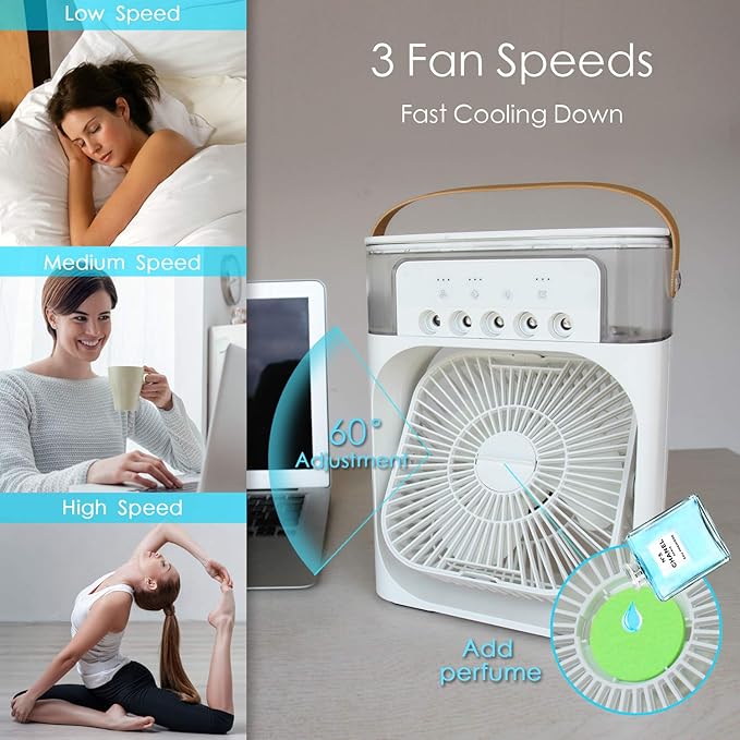 Portable Air Conditioner Fan, Mini Evaporative Air Cooler with 7 Colors LED Light, 1/2/3 H Timer, 3 Wind Speeds and 3 Spray