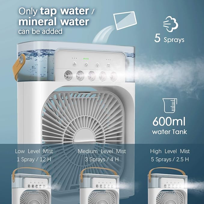 Portable Air Conditioner Fan, Mini Evaporative Air Cooler with 7 Colors LED Light, 1/2/3 H Timer, 3 Wind Speeds and 3 Spray