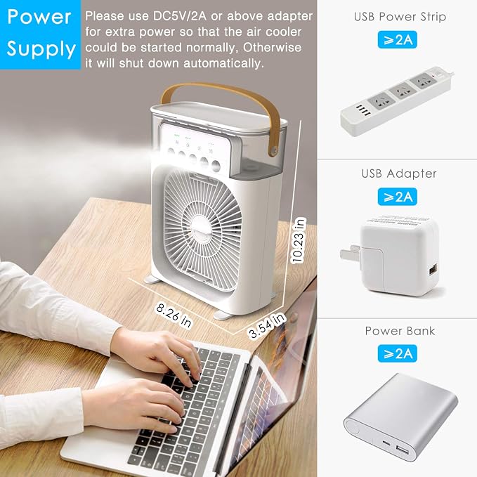 Portable Air Conditioner Fan, Mini Evaporative Air Cooler with 7 Colors LED Light, 1/2/3 H Timer, 3 Wind Speeds and 3 Spray