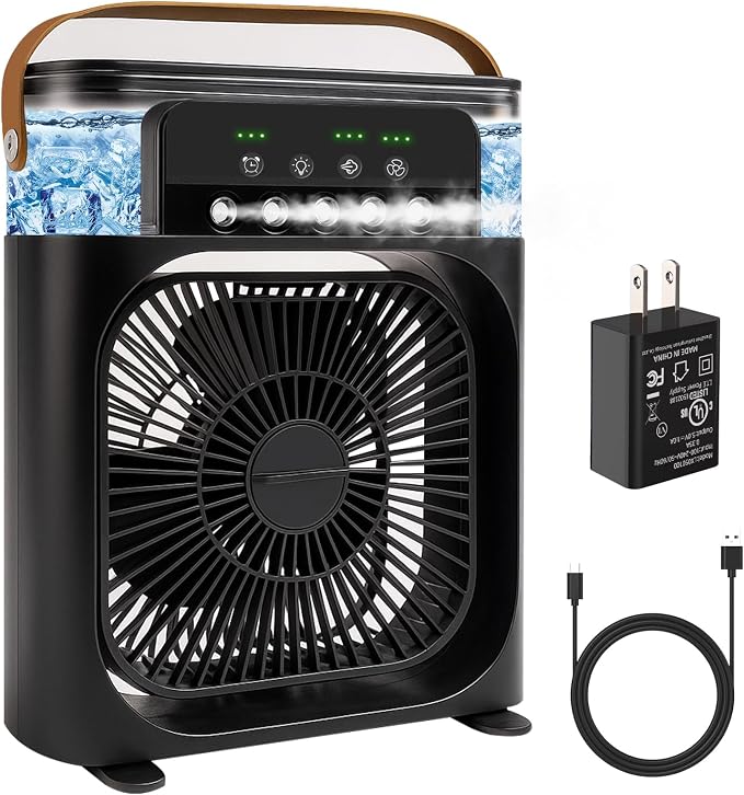 Portable Air Conditioner Fan, Mini Evaporative Air Cooler with 5 Spray Nozzles,3 Wind Speeds,3 Timers, 7 Colors LED