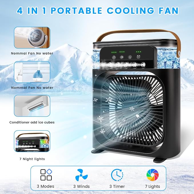 Portable Air Conditioner Fan, Mini Evaporative Air Cooler with 5 Spray Nozzles,3 Wind Speeds,3 Timers, 7 Colors LED