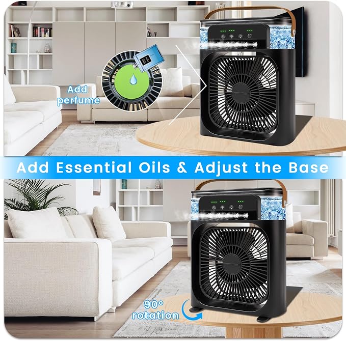 Portable Air Conditioner Fan, Mini Evaporative Air Cooler with 5 Spray Nozzles,3 Wind Speeds,3 Timers, 7 Colors LED